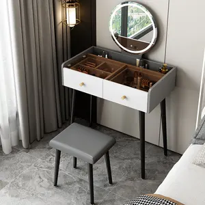 नॉर्डिक लक्जरी डिजाइन बेडरूम ड्रेसर नजर आता है सेट घमंड श्रृंगार मेज लकड़ी के ड्रेसिंग टेबल प्रकाश और मल के साथ सेट