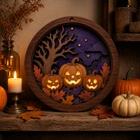 Boîte à ombres circulaire personnalisée pour Halloween avec motif Jack-o'-lantern |   Scène d'arbre de citrouille effrayant découpée au laser en contreplaqué de peuplier multicouche