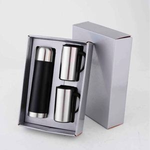 Stainless Steel Vacuum <b>Flask</b> Set with Two Mugs Double Wall Insulated Travel Thermos Minimalist Design Black and Silver - Product Image 5