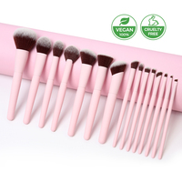 Ensemble de 15 pinceaux de maquillage de luxe vegan de haute qualité, doux au toucher, pour femmes, vente en gros, marque privée, rose, pour fards à paupières et fond de teint, idéal pour les voyages