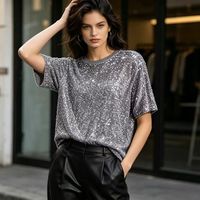 T-shirt femme à manches courtes surdimensionné en dentelle, entièrement orné de paillettes, formel, scintillant, séchage rapide, pour les fêtes et le quotidien