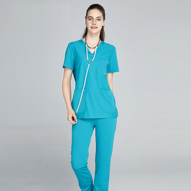 female lake blue short sleeve