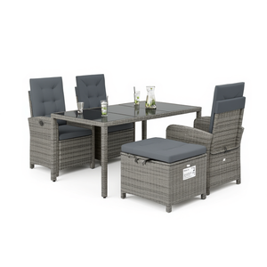 <b>Adjustable</b> <b>Footrest</b> 4 Seater Garden Dining Set In Gray Pe Rattan Outdoor Furniture - Product Image 1