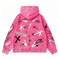 Vente en gros de vêtements ODM : Sweat à capuche zippé en polaire streetwear, effet vieilli, avec graphique numérique Kornit DTG, fuchsia