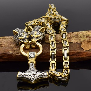 Lujo alta calidad cabeza <span class=keywords><strong>de</strong></span> <span class=keywords><strong>Lobo</strong></span> <span class=keywords><strong>dos</strong></span> tonos emperador collar vikingo oro Thor martillo Acero inoxidable encanto fresco hombres colgante - Product Image 6
