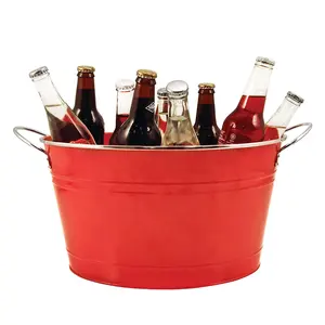 Edged With Silver Big Red Ice Bucket Galvanized Metal Drink Tub Country Home Beverage And Beer Chiller Holds 4.5 Gallons