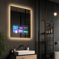Cermin Kamar Mandi LED Pintar Mewah Kontrol Sentuh Anti Embun Audio Bluetooth Layar WiFi Kaca Persegi Panjang Bingkai Baja Tahan Karat Dinding