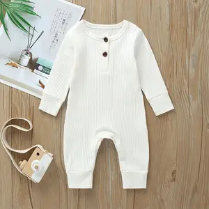 Macacão de manga longa unissex para recém-nascidos, roupas de criança premium, cor sólida, botão, body liso