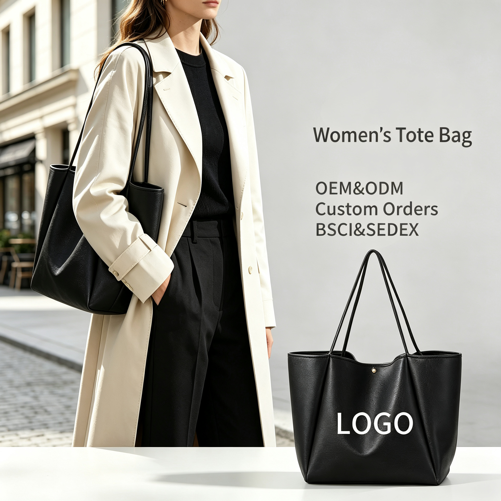 Black Faux Leather Tote Bag Large Capacity