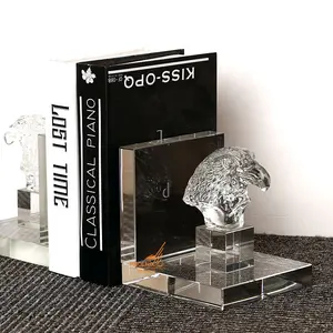 Desk Decorations L-shaped Custom Engrave Clear Cheap K9 Crystal Glass Eagle Head Bookend For Souvenirs Gifts Wholesale