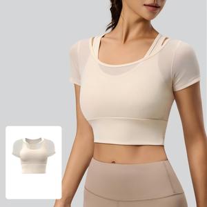 Women Mesh 2 In 1 Short Sleeve Yoga Crop Top with Built In Bra <b>Pads</b> Breathable Gym Workout Top <b>Running</b> Sports Fitness Shirt - Product Image 1