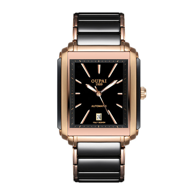 High Quality Ultra Thin Rectangle Automatic Watch Man Black Ceramic with Steel Square Wristwatch Business Waterproof Calendar