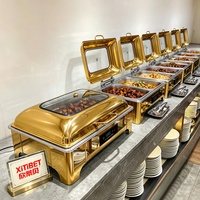 Présentoir alimentaire visuel moderne en acier inoxydable pour buffet de mariage, restaurant, hôtel, service traiteur, avec chauffe-plat de luxe doré