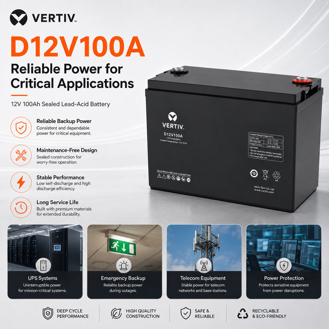 Reston Vertiv Battery D Series D12V100Ah UPS Power Lead Acid Valve Regulated Battery Dl2V100A Emergency Lighting System Battery