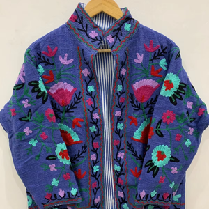 Bleu coton TNT Vintage Suzani hiver court hiver brodé veste manteau hiver Boho veste broderie à la main veste pour les femmes - Product Image 1