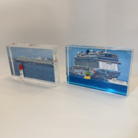 Cadre photo liquide rectangulaire en acrylique 10*15CM, bleu, avec figurines 3D de poisson, bateau et phare, flocons de neige flottants et paillettes, souvenir