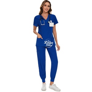 Ensemble d'uniformes médicaux pour infirmières - Haut et pantalon de jogging en tricot 100% polyester (pantalon cargo à col en V) 8 poches coupe droite - Product Image 4