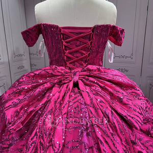 Lsmu163 Elegante Vestido de Quinceañera Fucsia con Corsé, Lentejuelas, Largo hasta el Suelo, Escote Corazón, con Cuentas y Encaje - Product Image 3