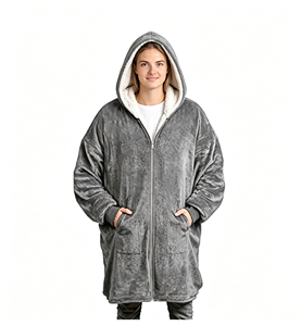 Manta Sudadera con Capucha de Forro Polar Sherpa Gris, Tejida, con Cremallera, Doble Cara, con Bolsillo, Manta de Invierno Extra Grande - Product Image 1
