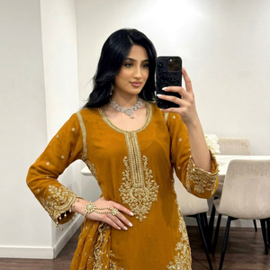 Women Mustard Yellow Embroidered Silk <b>Kurta</b> Set Traditional <b>Indian</b> Pakistani Party Wear Long Sleeve All Seasons - Product Image 1
