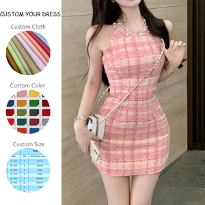 Đầm bodycon ngắn màu hồng không dây chất liệu tweed, cổ tròn, màu trơn, kiểu vintage, chất liệu polyester nguyên chất, bán buôn OEM, mùa hè, gợi cảm - Product Image 2