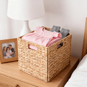 11.8 Inch Woven Water Hyacinth Collapsible Eco-Friendly Multifunction <strong>Square</strong> <strong>Storage</strong> <strong>Basket</strong> with Built-in Handles - Product Image 1