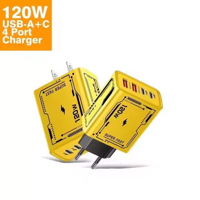 120W GAN 4 Port 2USB 2Type C Charger PD QC3.0 with OVP/OCP Protection EU/US/UK Plug Compatible