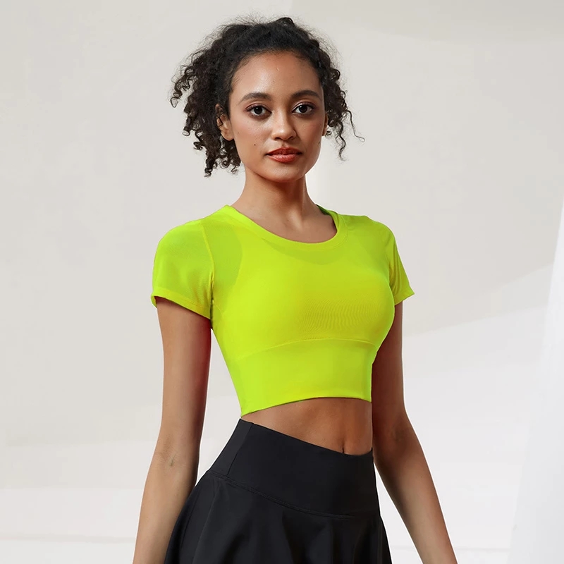 2022 Girls Mesh Beauty Stretch Yoga Bra Top Active Wear Sexy Short Sleeve Workout Gym Sports Bras Crop Tops for Womens