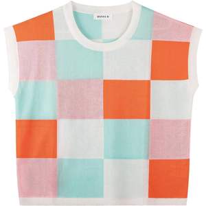 Pulls décontractés d'été pour femmes, hauts courts à col rond en tricot avec manches courtes et design bicolore - Product Image 2