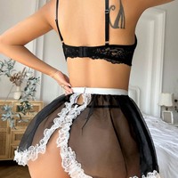 Ensemble de lingerie sexy de femme de chambre à la française - Soutien-gorge en dentelle noire, jupe à volants blanche, jarretières, bonnets à armatures à motifs floraux, polyester Dobby