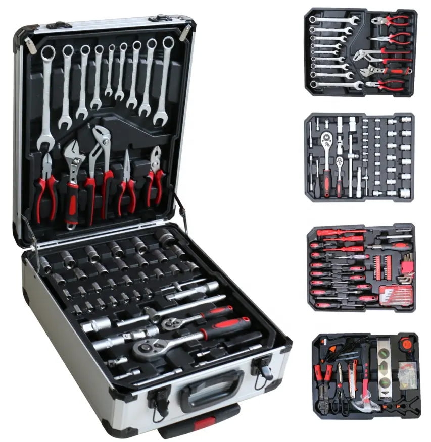 Popular 187PCS professional tool set aluminum case tool kits with Rolling Tool Box socket set wrench spanner