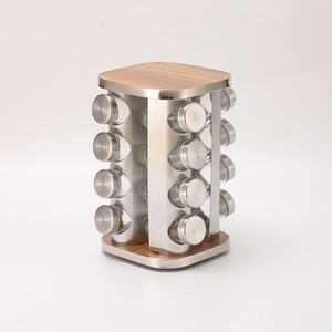 Stainless Steel <b>Spice</b> Rack 360 Rotating Wood Grain Silver Kitchen Seasoning Storage <b>Jar</b> Organizer - Product Image 3