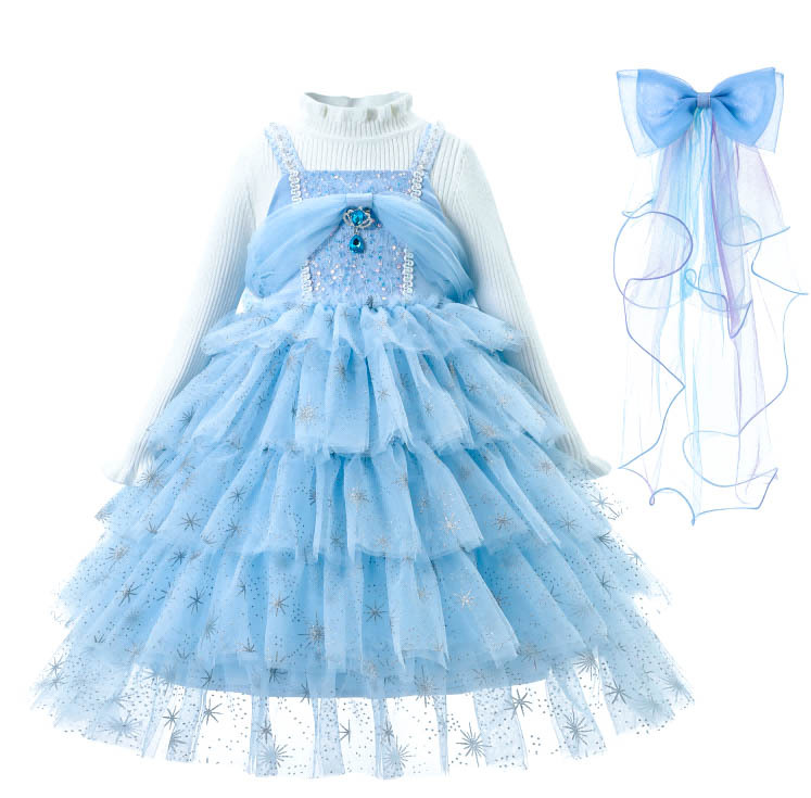 Snow blue princess dress veil white sweater