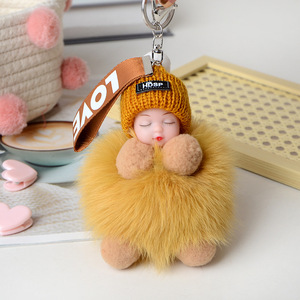 Bóng Móc Chìa Khóa Fluffy xe Keyring dễ thương ngủ bé búp bê Keychain POM poms bất <span class=keywords><strong>Fox</strong></span> lông Hy lông 2022 mới Pompom Thỏ lông 50g - Product Image 6