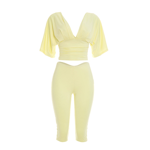 Viviblook J26ST224 Conjunto Casual de Verano para Mujer, Color Sólido, Cuello en V, Top de Manga Corta, Pantalones Ajustados, Conjunto de 2 Piezas - Product Image 6