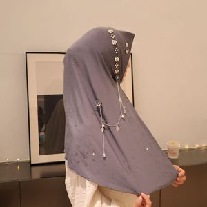 Luxe neige motif chaîne en métal musulman Hijabs strass perle perlée châles Polyester étole Turbans mariage Hijab pour les femmes - Product Image 5