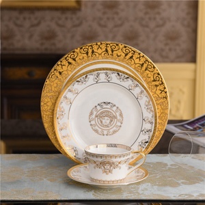 Western Hotel Household Luxurious Black Stripe Tableware Set Ceramic Golden Bone China <b>Dinnerware</b> Plates Set - Product Image 4