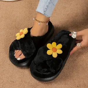 Christmas Flower Decoration Ladies Slide Cloud Shoes Flat Indoor Cross Strap Slides Plush Slippers for Women