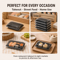 Plateau à sushi jetable en PET noir avec couvercle transparent anti-buée, empilable, pour plats à emporter japonais