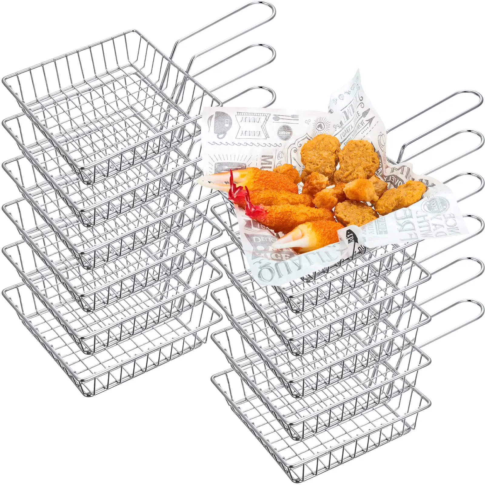 Potchen 12 Pieces Mini Square Fry Baskets, 5.9 x 5.9 Inch french fries Basket, Chrome Steel Shallow Fried Food Filter Holder