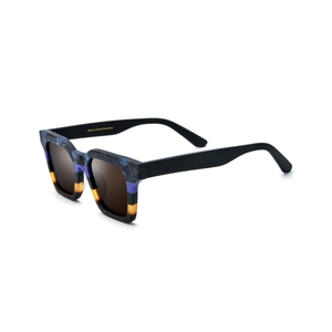 Lunettes de soleil rectangulaires à monture intégrale, verres miroir, monture rayée jaune et bleue, protection UV 100%, style unisexe adulte tendance - Product Image 5
