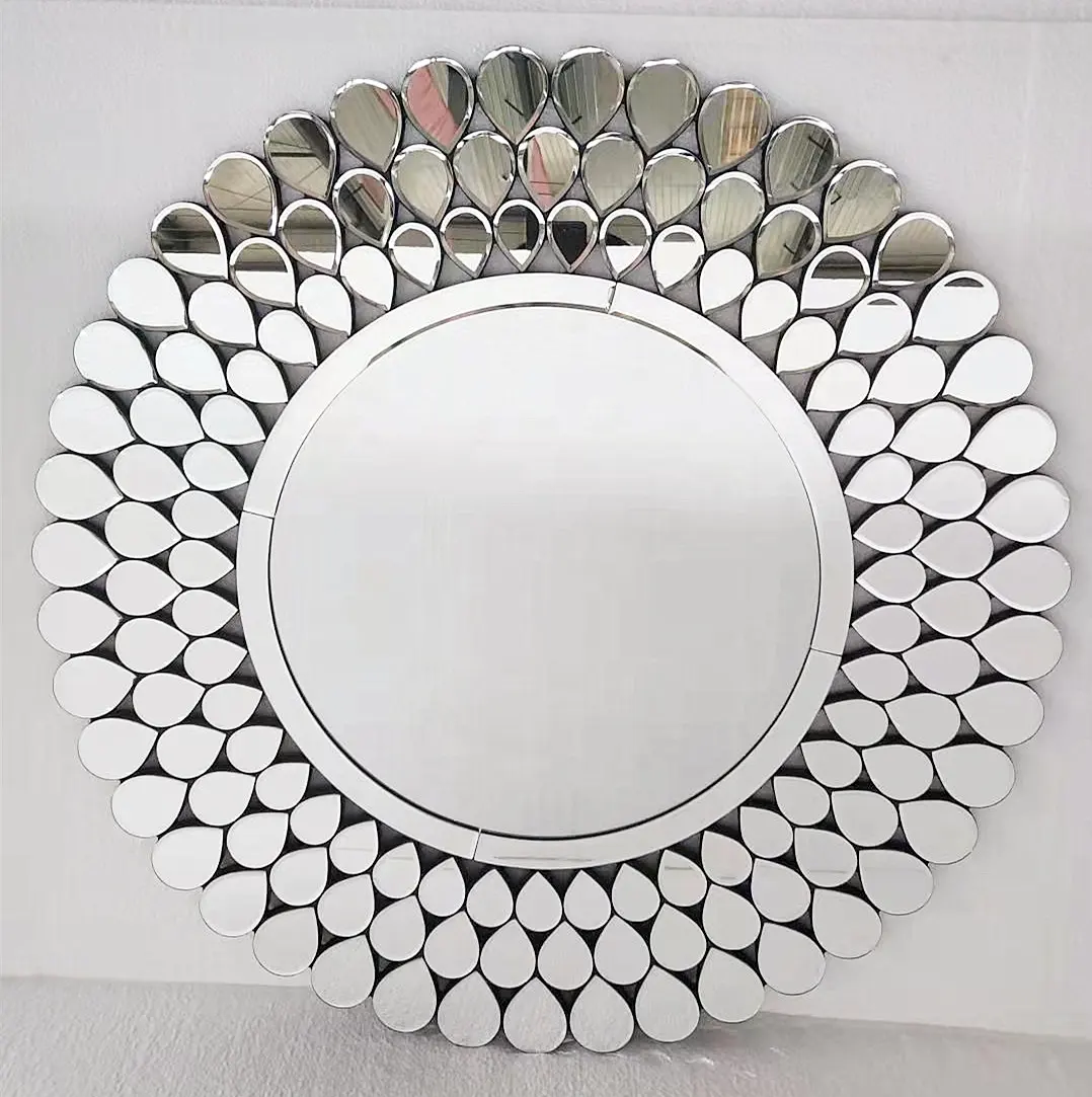 현대 뜨거운 판매 평면 주름 거울 제국 예술 직접 욕실 라운드 벽 거울 후면 플레이트
