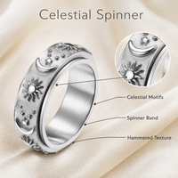 Sonne-Mond-Stern Gravierter 3D Drehbarer Fidget-Spinner-Ring Silberbeschichteter Edelstahl Trendiger Hip-Hop Hochzeits-Party-Schmuck
