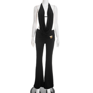 Ensemble décontracté 2 pièces pour <span class=keywords><strong>femme</strong></span> : Haut dos nu à col licou et pantalon évasé - Product Image 2