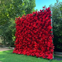 Dekorasi Dinding Pernikahan Grosir, Bunga Mawar Merah Buatan 8ft X 8ft, Panel Dinding Bunga Sutra, Gulungan untuk Latar Belakang Foto
