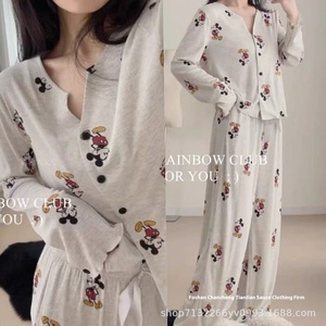 Pyjama en <span class=keywords><strong>satin</strong></span> pour femme, nouvelle collection printemps-automne, simple et décontracté, pantalon à manches longues, taille élastique, confortable, en coton nuage, ensemble de vêtements de maison - Product Image 3