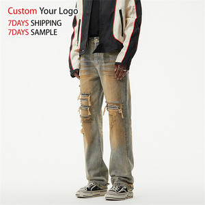 Vaqueros de mezclilla personalizados de estilo urbano vintage, ligeros, casuales, de pierna ancha, de alta calidad, de corte recto, de diseñador, desgastados, holgados y rasgados para hombre. - Product Image 2