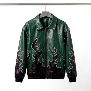 Blouson Bomber Homme Blanc en Cuir Véritable Dumela avec Imprimé Flamme Bleue, Col Rabattu, Fermeture à Bouton Unique, Style Moto Automne, Séchage Rapide - Product Image 1