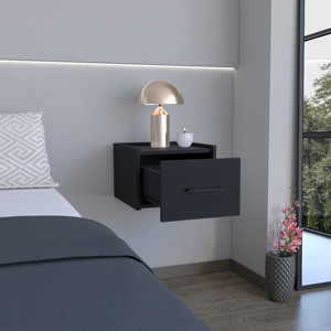<b>Floating</b> <b>Nightstand</b> Black Wall Mount With Drawer And Surface For Bedroom Storage - Product Image 2