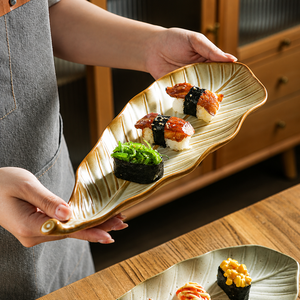 Assiette de service vintage en céramique en forme de feuille, créative, longue, rétro, pour sushi, vaisselle, résistante au lave-vaisselle, pour gâteaux, desserts, fruits - Product Image 3